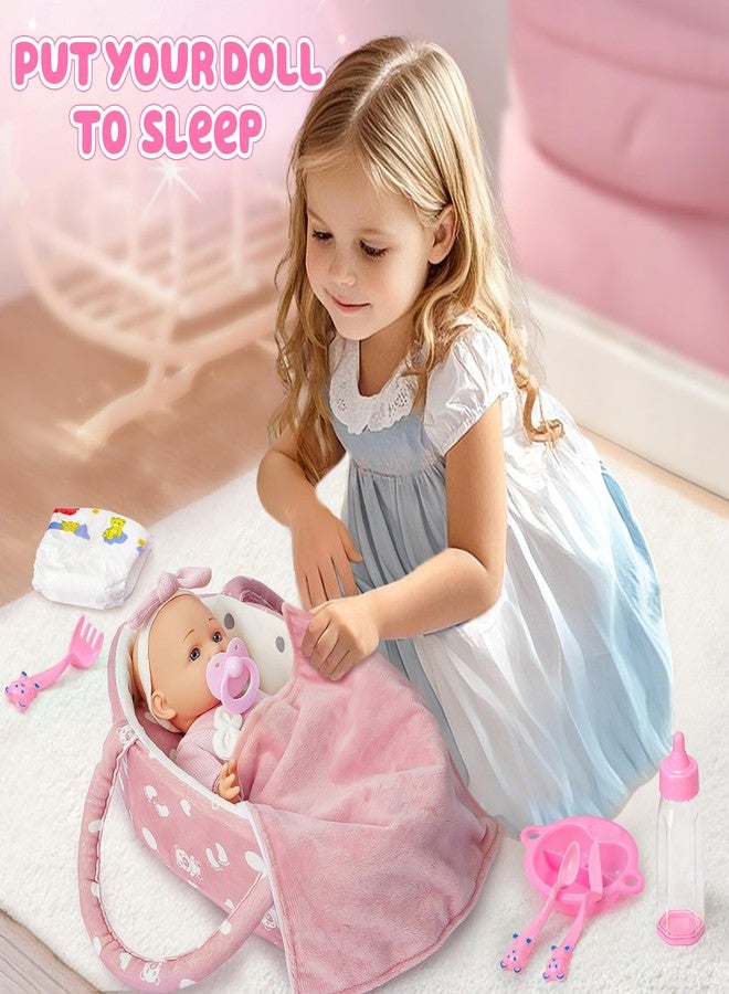 Golray 12" Soft Baby Doll Set with Accessories Bassinet Carrier, 13 Pcs First Toddlers Realistic Baby Doll Crib with Pillow/ Clothes/ Feeding Kit, Pretend Play Toy Birthday Gift for Girls Ages 3 4 5 6 - Image 5